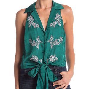 Cinq a Sept Embroidered Green Tie-Front Top